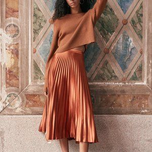 Lulus Rust Brown Satin Pleated Midi Skirt